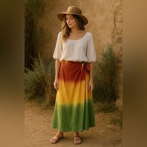 Rainbow Maxi Wrap Skirt OS Bohemian Festival Beachy Jamaica Whimsical Tie Dye